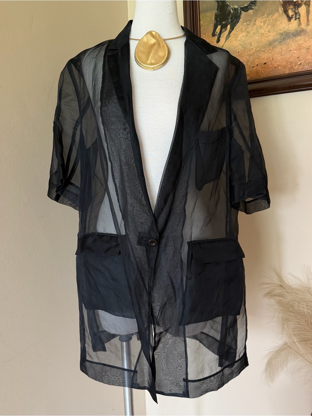 Black Sheer Button-Down Blazer Shirt